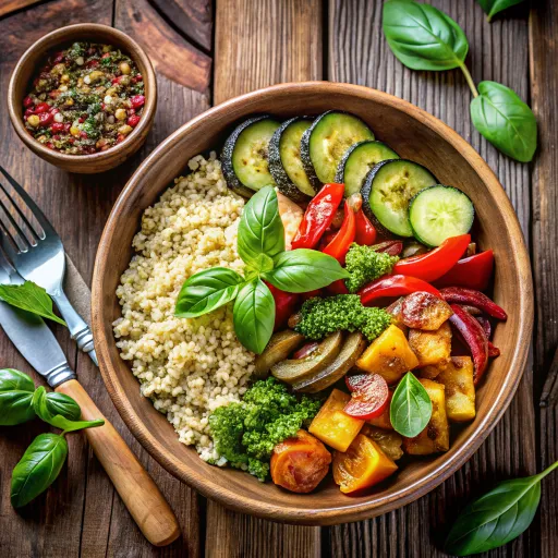Tazón de Arroz Integral con Verduras Asadas y Pesto de Albahaca